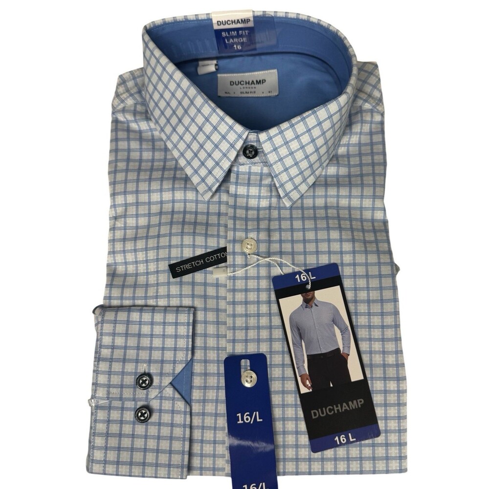 Duchamp London Mens Size 16 Large Dress Shirt Blue Shirt Slim Fit Stretch New